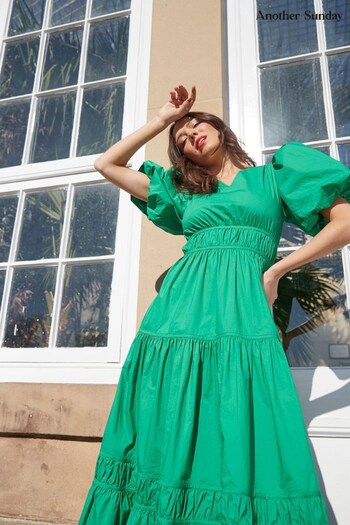 Another Sunday Tiered Midi Dress With Puff Sleeves in Green (439703) | £58