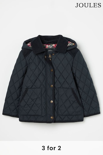 Joules Marsdale Navy Diamond Quilted Coat With Hood (439996) | £54.95 - £64.95