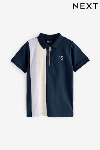 Navy/Stone Natural Short Sleeve Zip Neck Polo Shirt (3-16yrs) (440895) | £10 - £16