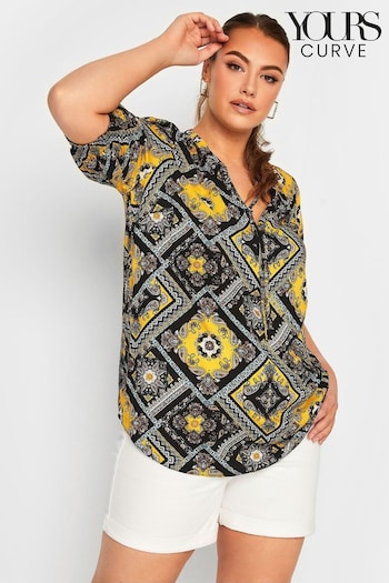 Yours Curve Yellow Floral Print Tie Neck Blouse (441325) | £25