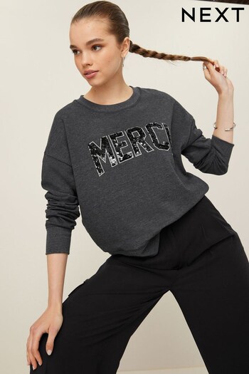 Charcoal Grey Marl Graphic Sequin Merci Sweatshirt (441377) | £25
