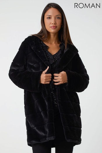 Roman Black Faux Fur Hooded Longline Coat (442274) | £80