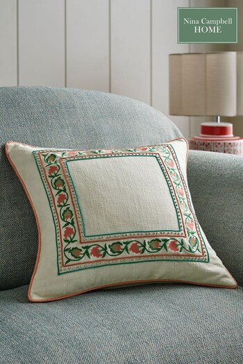 Nina Campbell Coral Pink Suzani Floral Embroidered Border Feather Filled Cushion (443437) | £35