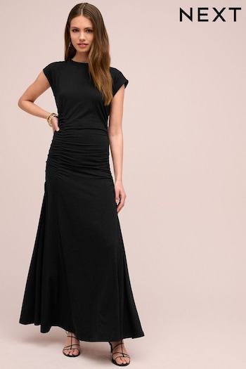 Black Ruched Cap Sleeve A-Line Maxi Dress (443461) | £42