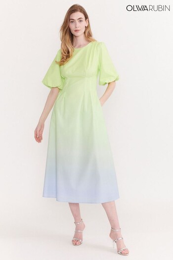Olivia Rubin Green Lorena Ombre Puff Sleeve Midi Dress (444472) | £265