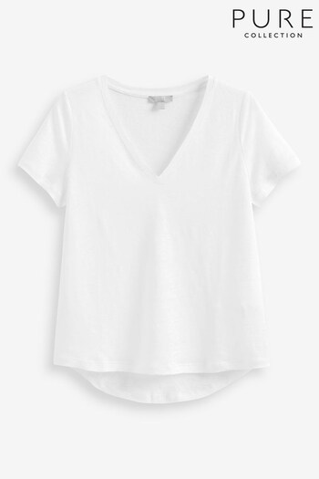 Pure Collection Linen V-Neck White T-Shirt (444575) | £45