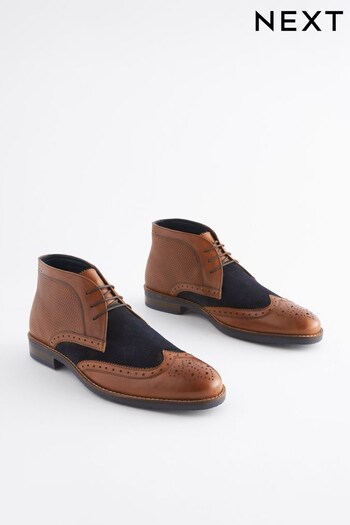 Tan Brown Leather Brogue Boots with Blue Suede (444829) | £58