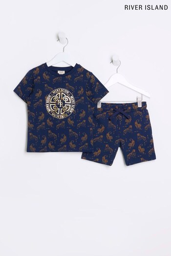 River Island Boys Blue Tiger Print T-Shirt Set (444937) | £20