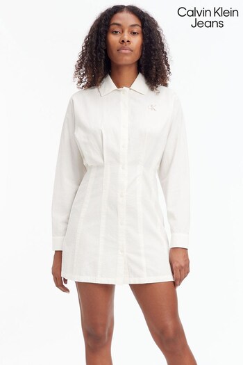 Calvin Klein Jeans Long Sleeve Seersucker White Dress (445400) | £110
