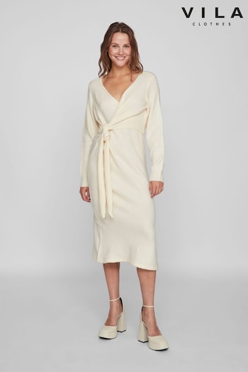VILA Cream Long Sleeve Knitted Wrap Detail Cosy Jumper Dress (445429) | £45