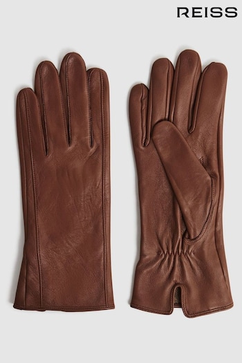 Reiss Tan Giselle Leather Ruched Gloves (445682) | £58