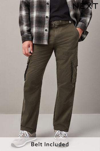 Khaki Green Relaxed Belted Tech Cargo Trousers (446021) | £42