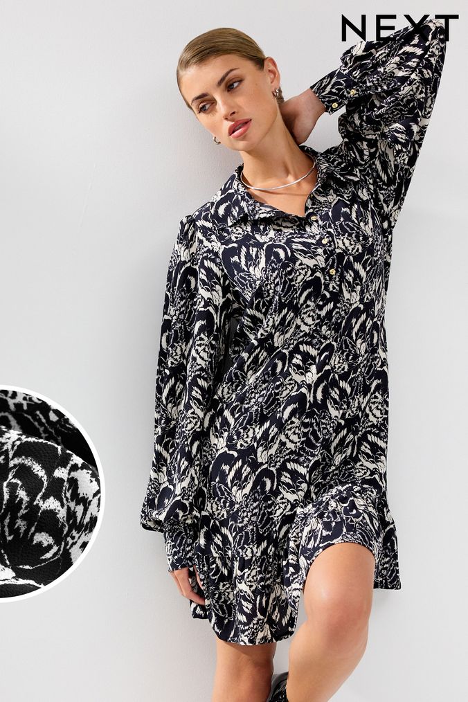 Black/White Feather Print Long Sleeve Mini Shirt Dress (446272) | £32