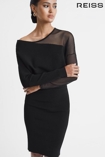 Reiss Black Deanna Bodycon Knitted Sheer Midi Dress (446426) | £188