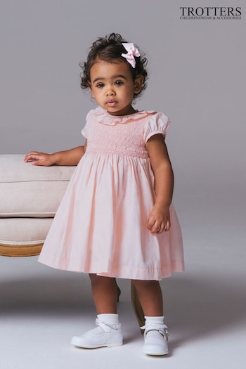 Trotters London Pink Willow Rose Hand Smocked Dress (446441) | £78