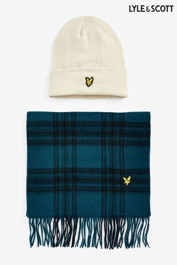 Lyle & Scott Navy Check Lambswool Scarf and Hat Set (446861) | £60