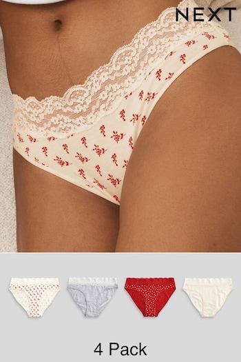 Red/Cream High Leg Cotton and Lace Knickers 4 Pack (447766) | £16