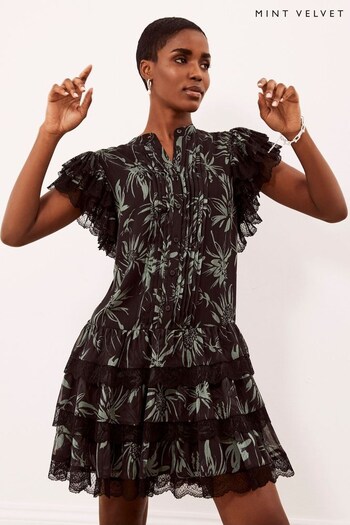 Mint Velvet Black Samira Print Frill Mini Dress alina (448335) | £119