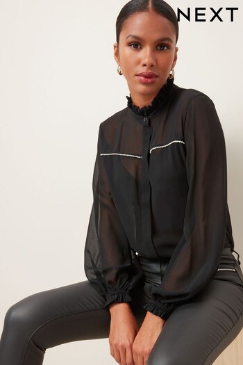 Black Frill Collar Blouse With Pearl Trim (448618) | £38