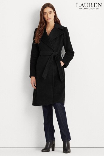Lauren Ralph Lauren Black Belted Wool-Blend Wrap Coat (448700) | £399
