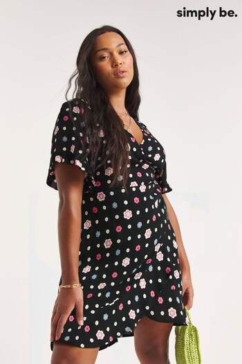 Simply Be Floral Printed Crinkle Wrap Black Skater Dress (449007) | £32