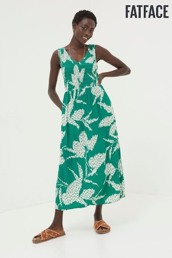 FatFace Green Aria Textured Leaves Midi Blend Dress (449209) | £65