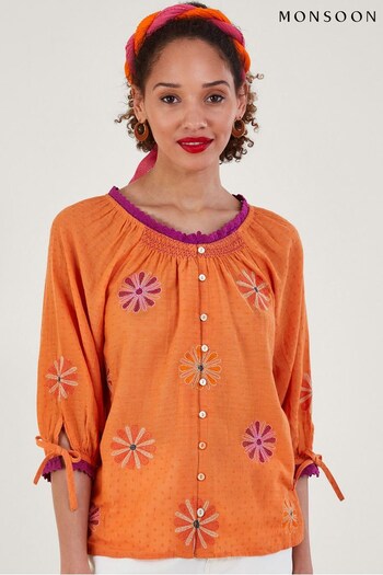Monsoon Orange Floral Embroidered Button Through Top (449234) | £65