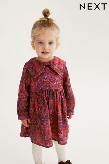 Berry Red Bow Collar Long Sleeve Cotton Dress (3mths-7yrs) (449790) | £17 - £19