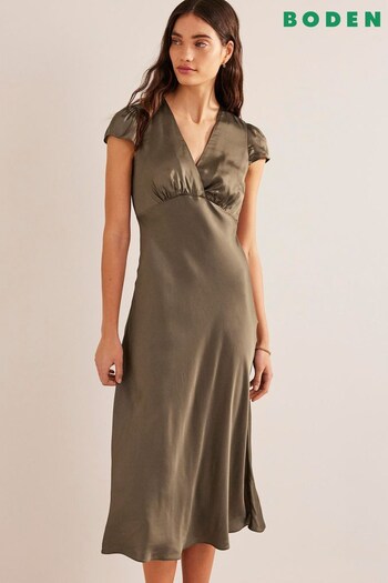 Boden Green Satin Empire Midi Tea lowcut Dress (450268) | £110