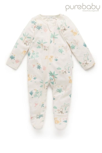 Purebaby Cream Jungle Animal Print Zip Baby Sleepsuit (450494) | £11