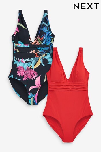 Navy Blue Floral/Red Plunge Tummy Control Swimsuits 2 Pack (451002) | £72