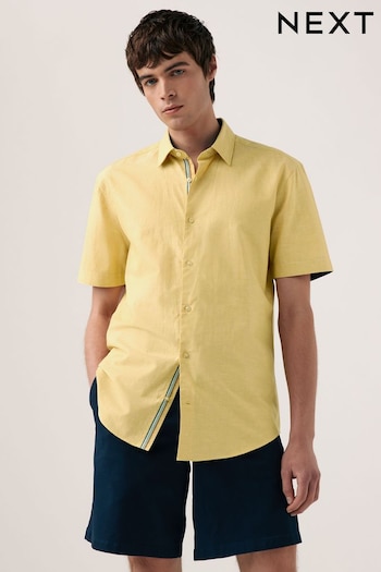 Yellow Regular Fit Trimmed Linen Blend Short Sleeve Shirt (451080) | £32