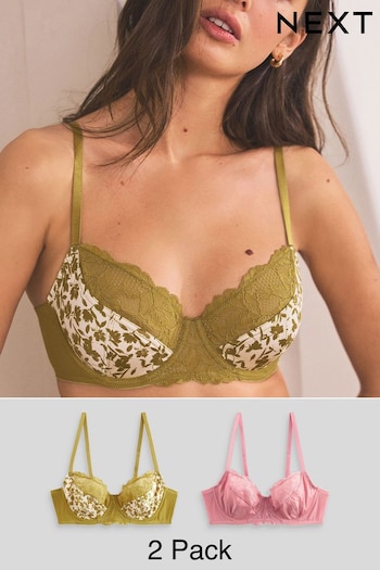 Green Floral Print/Rose Pink Non Pad Full Cup Bras 2 Pack (451568) | £26