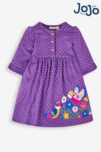 JoJo Maman Bébé Purple Bird Girls' Appliqué Button Front Macgraw Dress (451610) | £22