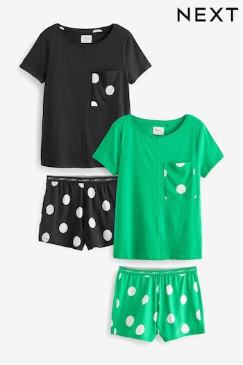 Black/Green Polka Dot Short Sleeve Cotton Pyjama Sets 2 Pack (451950) | £26