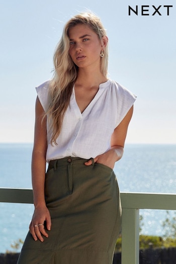 White Linen Blend Button Down Relaxed Sleeve Top (453383) | £18