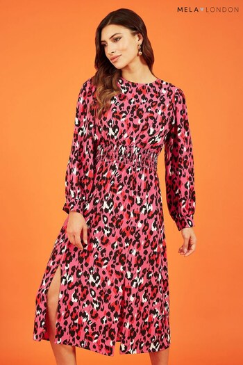 Mela Pink Animal Print Long Sleeve Ruched Midi Dress (453668) | £40
