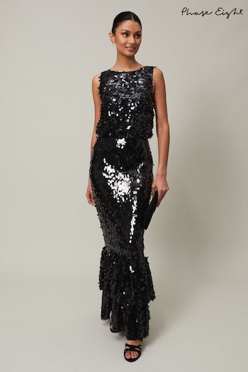 Phase Eight Elena Black Sequin Tiered Maxi Black Dress leggings (454006) | £249