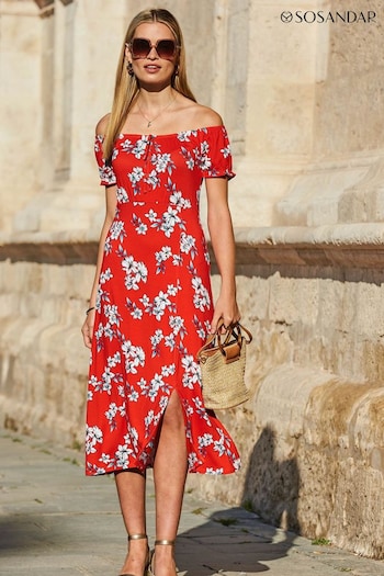 Sosandar Red Floral Print Bardot Midi Dress (454515) | £69