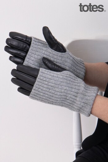 Totes Black Ladies Isotoner Leather Gloves With Overlay Knit Trim (454658) | £20