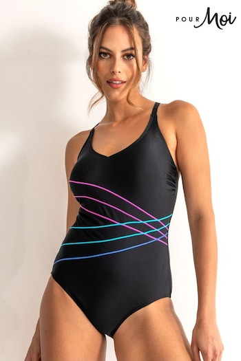 Pour Moi Black Multi Energy Chlorine Resistant Recycled V-Neck Linear Swimsuit (454852) | £39