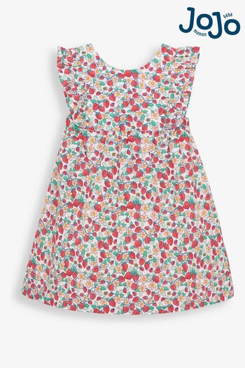 JoJo Maman Bébé White Girls' Pretty Strawberry Print Summer Dress (455006) | £22