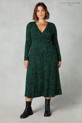 Live Unlimited Curve Green Animal Print Jersey Wrap Dress (455144) | £55