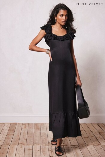 Mint Velvet Black Satin Frill Maxi Dress (455186) | £139