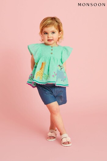 Monsoon Baby Green Dobby Jungle Animal Top and Shorts Christy Set (455326) | £28 - £30