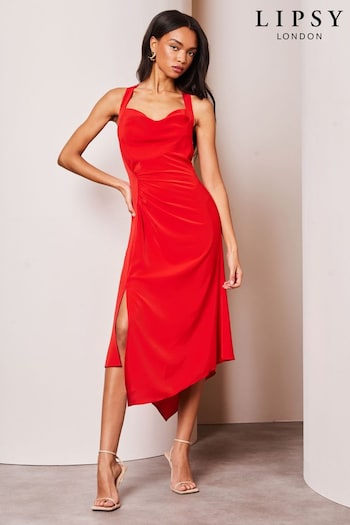 Lipsy Red Cowl Neck Drape Front Ruched Midi Dress (455586) | £69