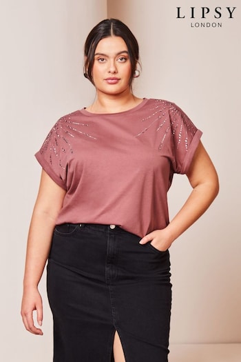 Lipsy Pink Scatter Curve Round Neck Embellished T-Shirt (456106) | £29
