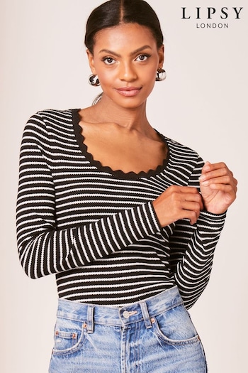 Lipsy Black White Long Sleeve Scallop Trim T-Shirt (456459) | £30