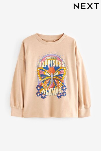 Neutral Sequin Butterfly Long Sleeve Cuffed Graphic T-Shirt (3-16yrs) (456657) | £12 - £17