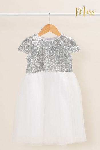 Miss Sequin Top Waterfall Tulle White Dress (457790) | £38